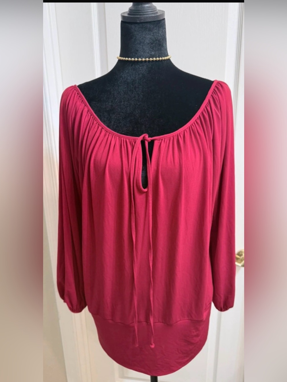 Eva Varro Berry-Red Tie Neck Long Sleeve  Tunic Top Size M